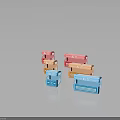 Colorful Storage Boxes with No77 Labels in Pink Orange Blue on Dark Reflective Surface