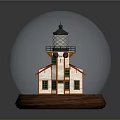 Decorative Snow Globe Featuring Lighthouse And Red Roof House On Wooden Base