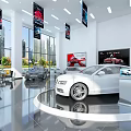 Modern Automobile Showroom Interior Featuring White Sedan Large Screen Hanging Billboards And City View