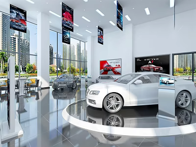 Modern Automobile Showroom Interior Featuring White Sedan Large Screen Hanging Billboards And City View 3d model