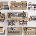 Diverse Display Shelves Layouts With Multiple Layers And Product Arrangements