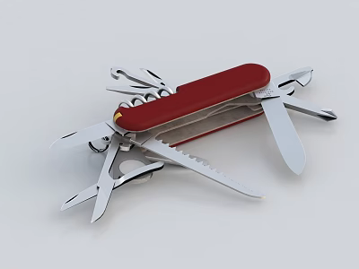 Red Handle Swiss Army Knife With Multiple Kitchen Tools Including Scissors Blade And Serrated Edge 3d model