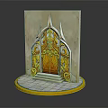 Ornate Door Structure With Intricate Golden Carvings White Frame Yellow Base And White Tiles