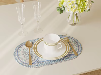 Elegant Dinnerware Set with Cup Plate Spoon Fork and Champagne Glasses on Blue White Placemat 3d model