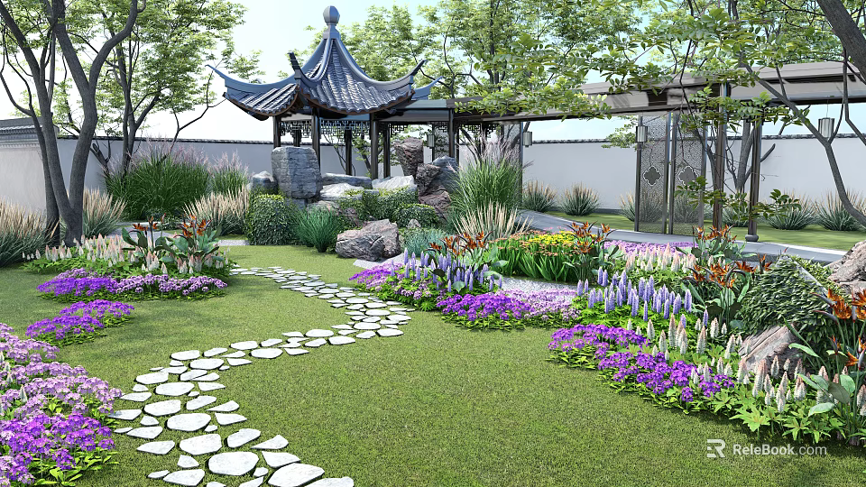 Beautiful Courtyard Garden With Chinese Style Pavilion Stone Pathway Colorful Flowers And Green Lawn 3d model 