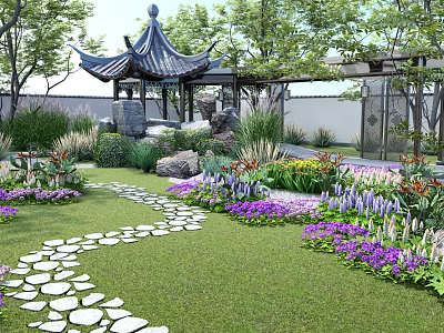 Beautiful Courtyard Garden With Chinese Style Pavilion Stone Pathway Colorful Flowers And Green Lawn 3d model