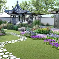 Beautiful Courtyard Garden With Chinese Style Pavilion Stone Pathway Colorful Flowers And Green Lawn