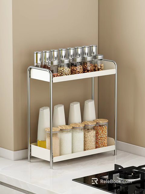 Kitchen Utensil Storage Rack With Glass Jars Wooden Lids White Conical Cups Grains And Beans 3d model 