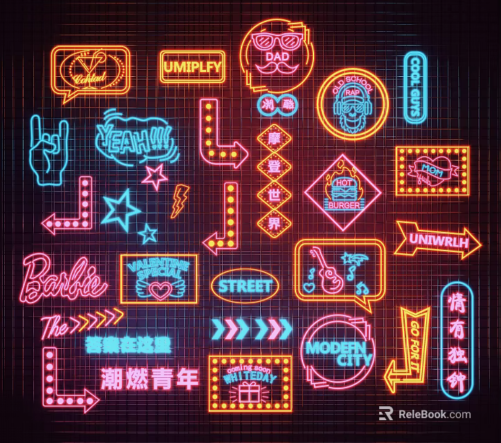 Colorful Neon Decorative Lights With Modern Street Style Patterns And Designs 3d model 