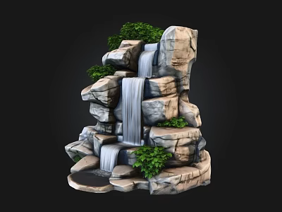 Natural Rockery Stones with Flowing Waterfall and Lush Green Plants 3d model