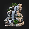 Natural Rockery Stones with Flowing Waterfall and Lush Green Plants