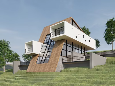 Modern Detached Villa with Wooden Facade Large Windows Balcony Surrounded by Green Grass and Trees 3d model