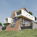 Modern Detached Villa with Wooden Facade Large Windows Balcony Surrounded by Green Grass and Trees