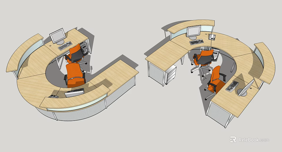 Curved Wooden Reception Desk With Orange Chairs And Computers In Office 3d model 