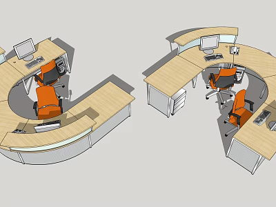 Curved Wooden Reception Desk With Orange Chairs And Computers In Office 3d model