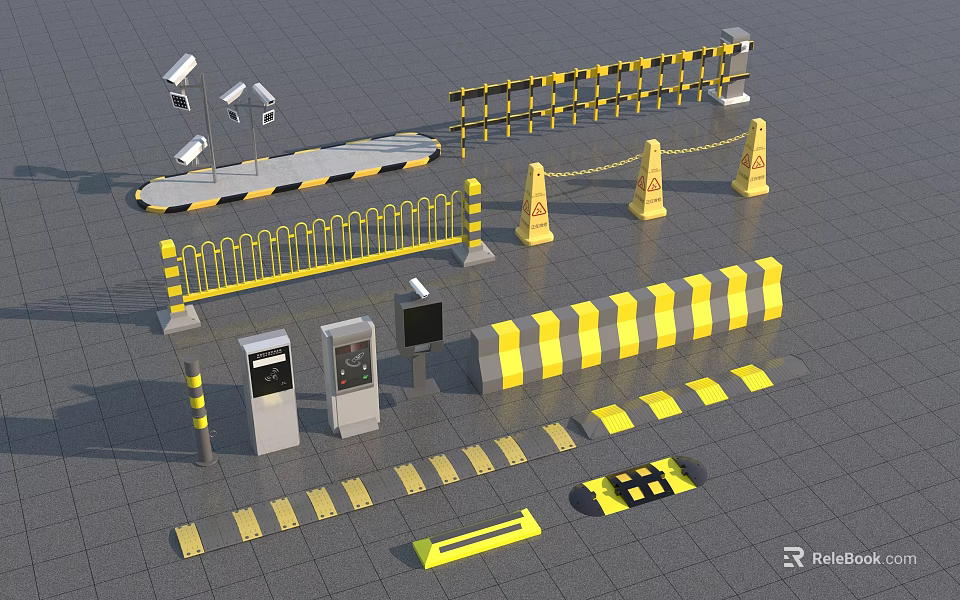 Road Facilities With Yellow Black Striped Barriers Surveillance Cameras Traffic Cones Speed Bumps And Terminals 3d model 