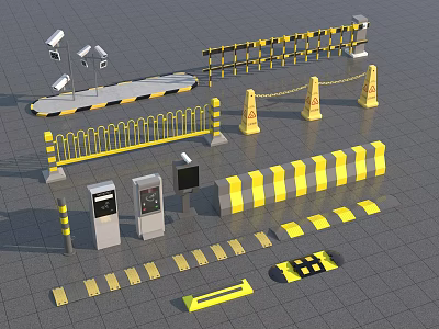 Road Facilities With Yellow Black Striped Barriers Surveillance Cameras Traffic Cones Speed Bumps And Terminals 3d model