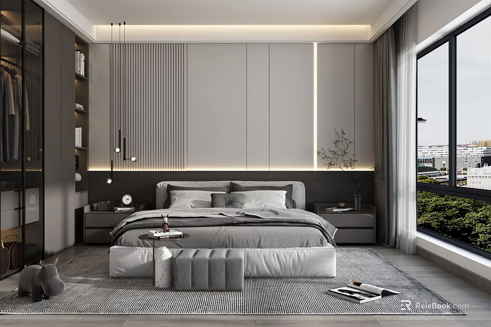 Modern Bedroom Interior With Vertical Striped Wall Nightstands Ottoman Rug Large Window And Gray Curtains 3d model 