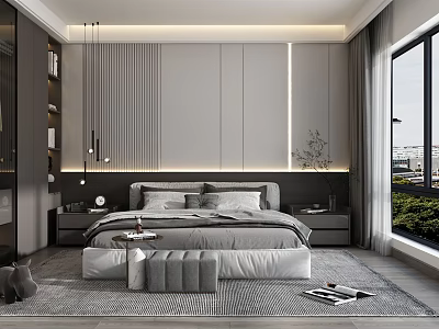 Modern Bedroom Interior With Vertical Striped Wall Nightstands Ottoman Rug Large Window And Gray Curtains 3d model