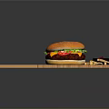 Juicy Hamburger Served With French Fries And Sauce On Wooden Cutting Board