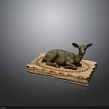 Bronze Deer Sculpture Reclining On Decorative Wooden Base With Intricate Carved Patterns