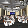 Elegant Banquet Hall Interior With Luxurious Chandeliers White Tables And Large Screen