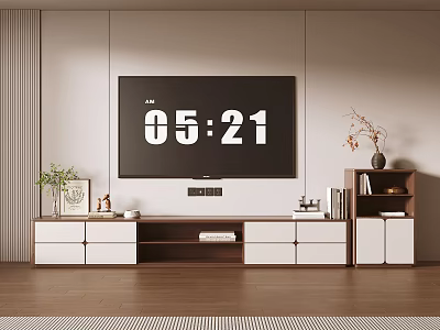 Modern TV Stand in Living Room Interior with Large TV Decorative Plants Books and Drawers 3d model