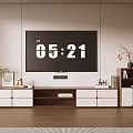 Modern TV Stand in Living Room Interior with Large TV Decorative Plants Books and Drawers