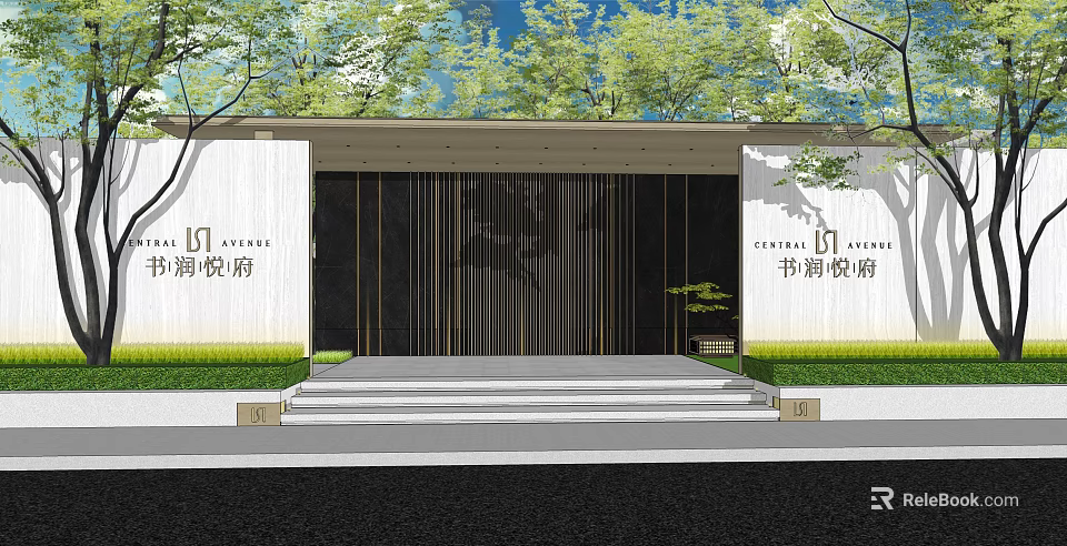 Elegant Entrance Gate With Modern Vertical Grilles Stone Steps And Lush Greenery 3d model 