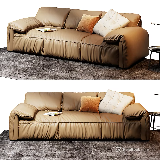 Stylish Brown Leather Three Seater Sofa With Pillows And Magazine On Rug Near Side Table 3d model 