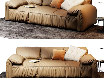 Stylish Brown Leather Three Seater Sofa With Pillows And Magazine On Rug Near Side Table 3d model