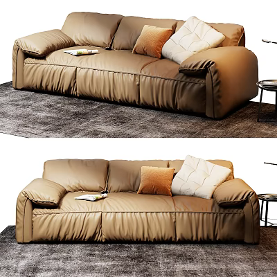 Stylish Brown Leather Three Seater Sofa With Pillows And Magazine On Rug Near Side Table 3d model