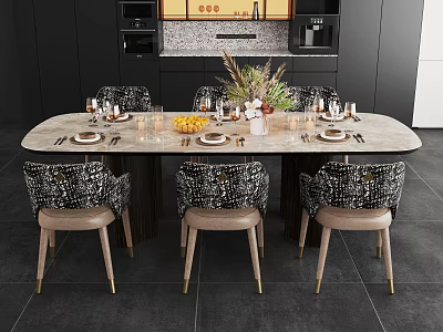 Modern Dining Table Set with Marble Top and Patterned Chairs Centerpiece Flowers in Kitchen Interior 3d model