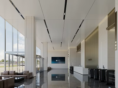 Modern Lobby Reception Area With Sofas Large Windows And Polished Floors 3d model