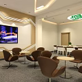 Modern Lounge Area Interior With Brown Chairs Tables Large Screen TV And Green View Windows