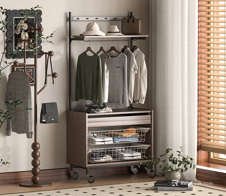 Modern Multi Tier Rolling Storage Rack With Hanging Rods And Baskets For Bedroom Clothing Organizer 3d model 