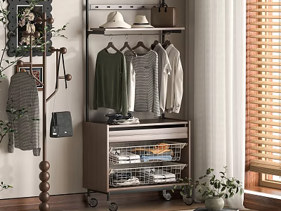 Modern Multi Tier Rolling Storage Rack With Hanging Rods And Baskets For Bedroom Clothing Organizer 3d model