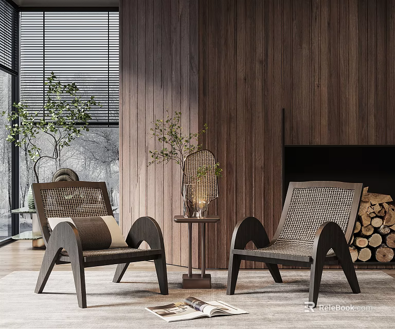 Modern Wicker Chairs And Small Round Table By Wooden Wall With Fireplace And Potted Plant 3d model 