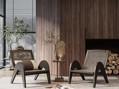 Modern Wicker Chairs And Small Round Table By Wooden Wall With Fireplace And Potted Plant 3d model