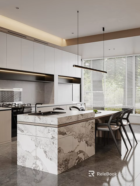 Modern Restaurant Interior With Open Kitchen Marble Counter Cabinets And Pendant Lights 3d model 