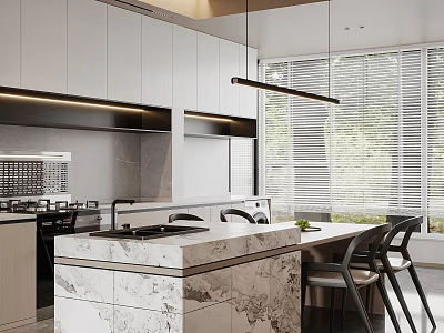 Modern Restaurant Interior With Open Kitchen Marble Counter Cabinets And Pendant Lights 3d model