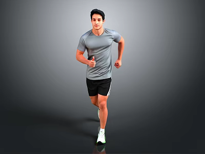 Active Male Runner In Gray T Shirt Black Shorts And White Sneakers 3d model