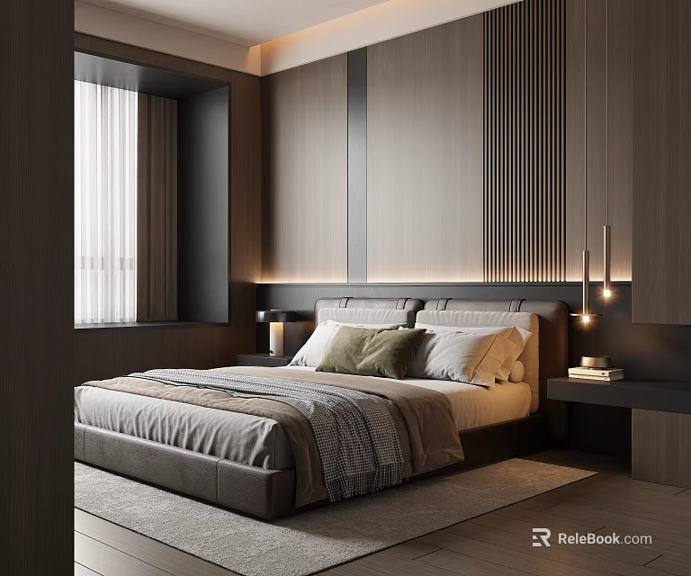 Modern Bedroom Interior With Wooden Walls Bedside Lamps Decorative Pillows And Soft Rug 3d model 