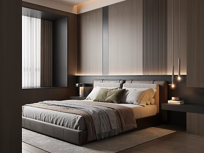 Modern Bedroom Interior With Wooden Walls Bedside Lamps Decorative Pillows And Soft Rug 3d model