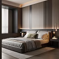 Modern Bedroom Interior With Wooden Walls Bedside Lamps Decorative Pillows And Soft Rug