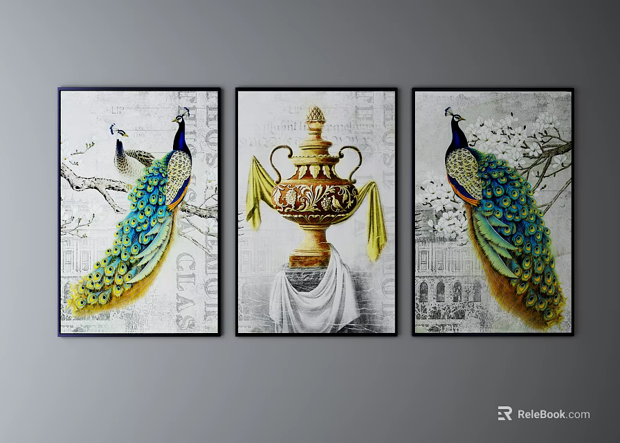 Triple Panel Decorative Wall Art With Peacocks And Golden Urn Design 3d model 