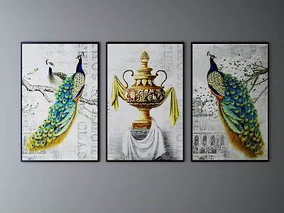 Triple Panel Decorative Wall Art With Peacocks And Golden Urn Design 3d model