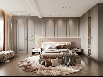 Elegant Modern Bedroom Interior Design With Round Fluffy Rug Upholstered Headboard And Wooden Nightstands 3d model
