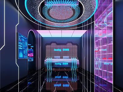 Hollywood Club Front Desk With Futuristic Neon Blue Purple Lighting And Illuminated Signs 3d model