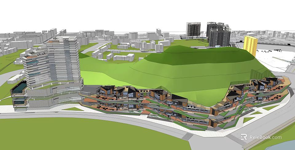 Modern Commercial Street Featuring Multi level Architecture Green Landscape And High rise Buildings 3d model 